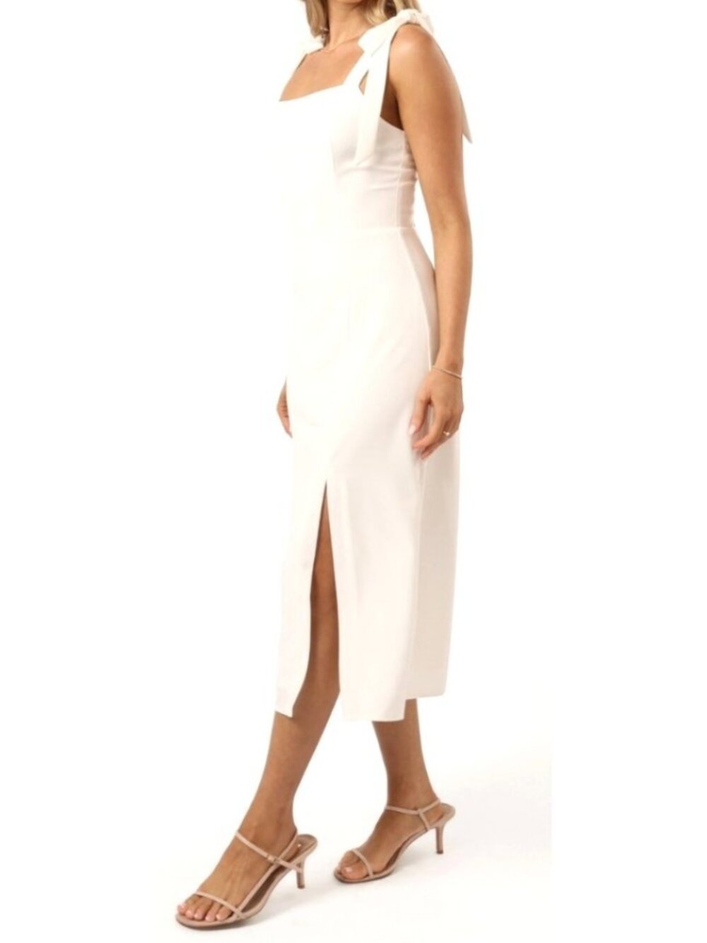 Petal & Pup Laurel Women's Sz 16 White Midi Dress With Tie Straps & Side Slit